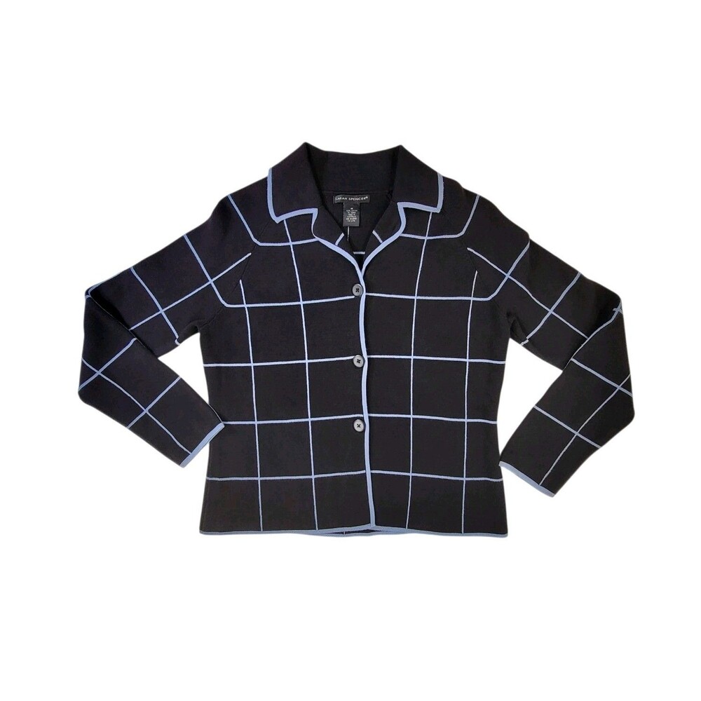 Sarah Spencer Women's Cardigan Button-Front Medium Black Blue Windowpane Grid